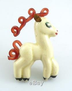 BIG Vintage 1940s Handmade ELZAC Ceramic & Lucite Horse Gazelle Brooch PIN