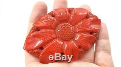 BIG Vtg Carved RED Bakelite DAISY Flower Pin Brooch 3.5 by 2.5