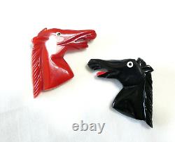 BKL353a Vintage Bakelite Red & Black Equestrian Horse head brooch set