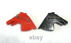 BKL353a Vintage Bakelite Red & Black Equestrian Horse head brooch set
