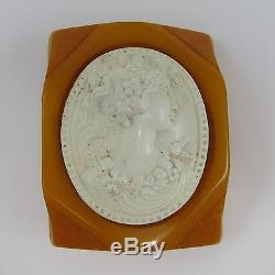 BUTTERSCOTCH BAKELITE Vintage Jewelry CAMEO BROOCH Pin Celluloid HUGE 2-5/16