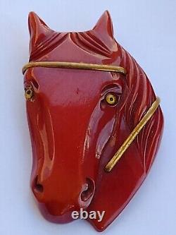 Bakelite 1940's Carved Overdye Horse Head Pin Brooch Glass Eyes 3x2