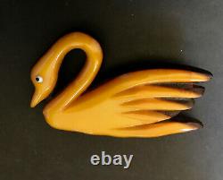 Bakelite Art Deco Carved Swan Butterscotch Brooch/Pin Laminated to a Wood Back