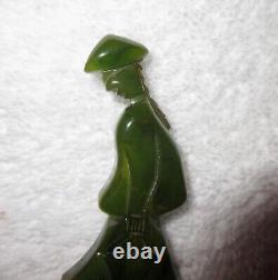 Bakelite Art Deco Chinese Figure Brooch Pin Spinach Green Meditation -Superb