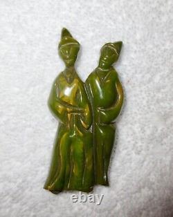 Bakelite Art Deco Double Asian Figure Brooch Pin Spinach Green Excellent