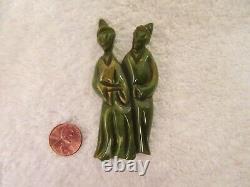 Bakelite Art Deco Double Asian Figure Brooch Pin Spinach Green Excellent