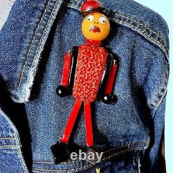 Bakelite Brooch, Person Man in Bowler Hat, Jointed, Articulated Ooak Pin