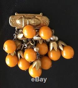 Bakelite Brooch Pin Bracelet Set Butterscotch Brass Vintage RARE
