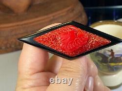Bakelite Carved Vintage Lipstick Red Asian Dragon on Black Diamond Base Pin