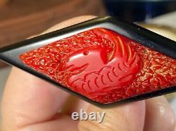 Bakelite Carved Vintage Lipstick Red Asian Dragon on Black Diamond Base Pin