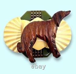 Bakelite & Carved Wood Brooch Borzoi or Wolfhound Dog Figural Art Deco Style Pin