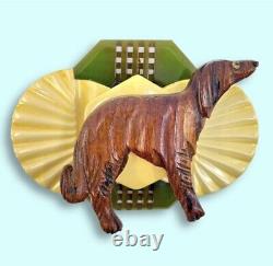 Bakelite & Carved Wood Brooch Borzoi or Wolfhound Dog Figural Art Deco Style Pin