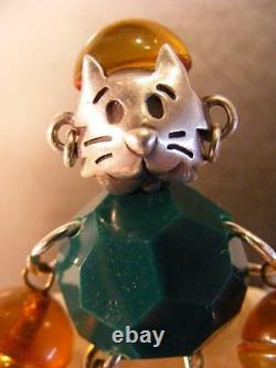 Bakelite Figural Pin Vintage 1950s Apple Juice OOAK Sterling Silver Kitty Cat