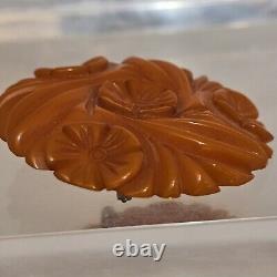 Bakelite Floral Brooch Vintage Antique Deep Orangey Brown Tested