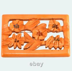 Bakelite LARGE Picture Frame Brooch Carved Flowers Colored Centers Vintage Pin