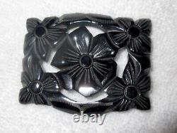 Bakelite Large Black Brooch Floral Carved Detailed Pierced Pin -Superb