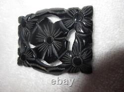 Bakelite Large Black Brooch Floral Carved Detailed Pierced Pin -Superb