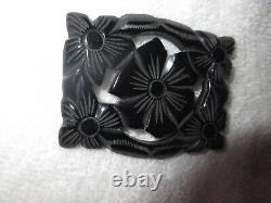 Bakelite Large Black Brooch Floral Carved Detailed Pierced Pin -Superb