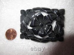 Bakelite Large Black Brooch Floral Carved Detailed Pierced Pin -Superb