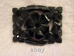 Bakelite Large Black Brooch Floral Carved Detailed Pierced Pin -Superb