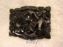 Bakelite Large Black Brooch Floral Carved Detailed Pierced Pin -Superb