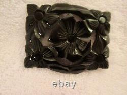 Bakelite Large Black Brooch Floral Carved Detailed Pierced Pin -Superb