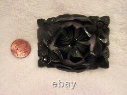 Bakelite Large Black Brooch Floral Carved Detailed Pierced Pin -Superb