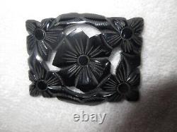 Bakelite Large Black Brooch Floral Carved Detailed Pierced Pin -Superb