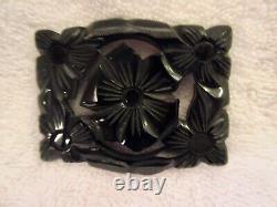 Bakelite Large Black Brooch Floral Carved Detailed Pierced Pin -Superb