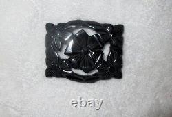 Bakelite Large Black Brooch Floral Carved Detailed Pierced Pin -Superb