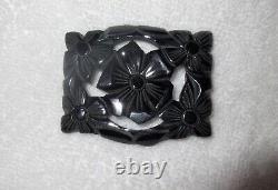 Bakelite Large Black Brooch Floral Carved Detailed Pierced Pin -Superb