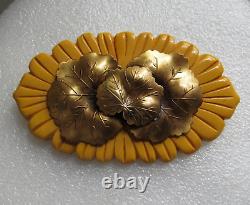 Bakelite Large Golden Yellow Carved Pin Brooch with Gold Tone Leaf Design