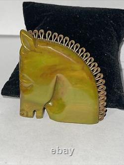 Bakelite Marbled Green Large Trojan Horse Head Brooch Pin Vintage