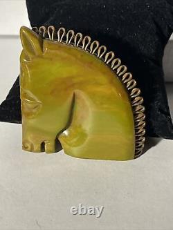 Bakelite Marbled Green Large Trojan Horse Head Brooch Pin Vintage