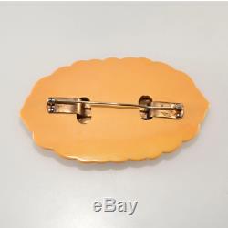 Bakelite & Metal Brooch Pin VTG Lily Pad LARGE Carved Yellow 1930s Catalin
