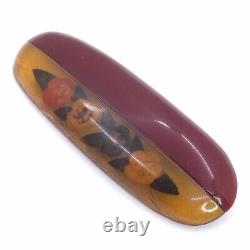 Bakelite Pin 1/2 Apple Juice Reverse Carved & Enamel & 1/2 Red (c1312)