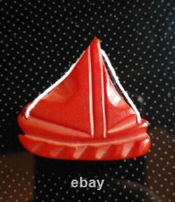 Bakelite Red Carved Ship Sailboat Vintage Antique Nautical Brooch & Pin