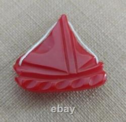 Bakelite Red Carved Ship Sailboat Vintage Antique Nautical Brooch & Pin