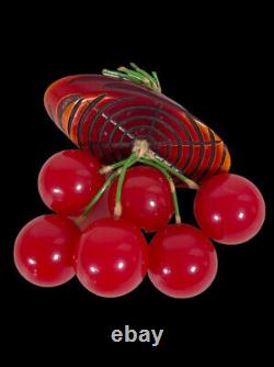 Bakelite Red Cherries Pin Dangle on Log Brooch 1940s Vintage Authentic TESTED