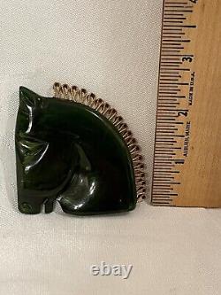 Bakelite Trojan Horse Pin Green Carved Vintage Retro