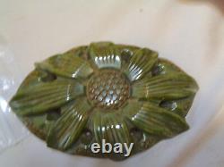 Bakelite Vintage Carved Oliver Green Sun Flower Brooch 3 X 2.5