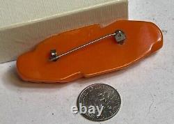 Bakelite Vintage Heavily Carved Pumpkin Orange Bar Pin C Clasp CA