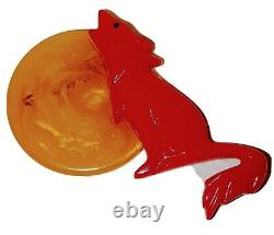 Bakelite Vintage Pin Brooch Signed Shultz Red Fox Howling Yellow Marble Moon