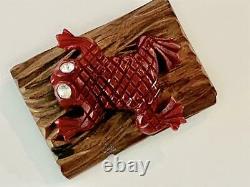 Bakelite Vtg Frog Wood Log Brooch Pin Cherry Red Deep Carved Tested Crystal Eyes
