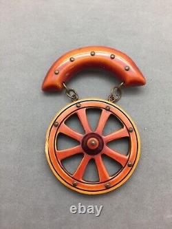Bakelite Wagon Wheel Brooch Pin Hand Carved Resin Wash Over Dyed Vintage 3 1/4