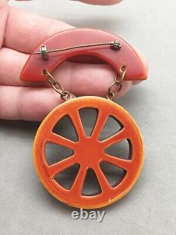 Bakelite Wagon Wheel Brooch Pin Hand Carved Resin Wash Over Dyed Vintage 3 1/4