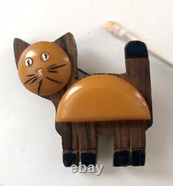 Bakelite and Wood Cat Brooch Pin Hand Painted Vintage Martha Sleeper Tested Rare