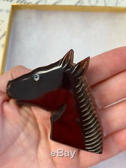 Bakelite brooch Horse Head Carved on Dark Brown Wood Lucite aye Pin Vintage
