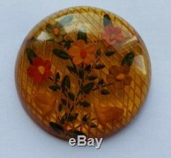 Beautiful RaRe Vintage 1940's Back Carved With Painted Flowers BAKELITE PIN