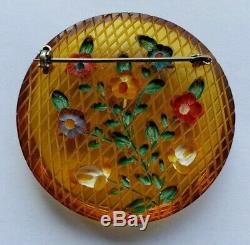 Beautiful RaRe Vintage 1940's Back Carved With Painted Flowers BAKELITE PIN